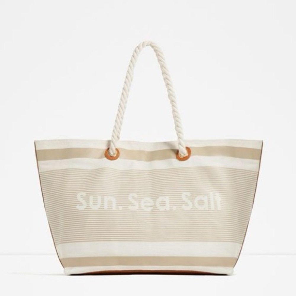 Zara Sun Sea Salt Beige Striped Beach Bag Tote
